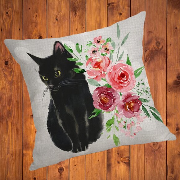 Black Cat Pillow Cover Decorative Throw Case Floral Decor Sofa Couch Accent 18" - Picture 2 of 6